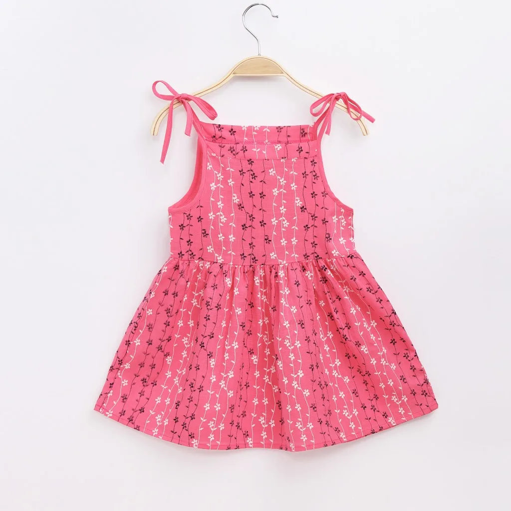 Girls Strappy Pink Sleeveless Printed Dress Cotton And Linen Casual Dress
