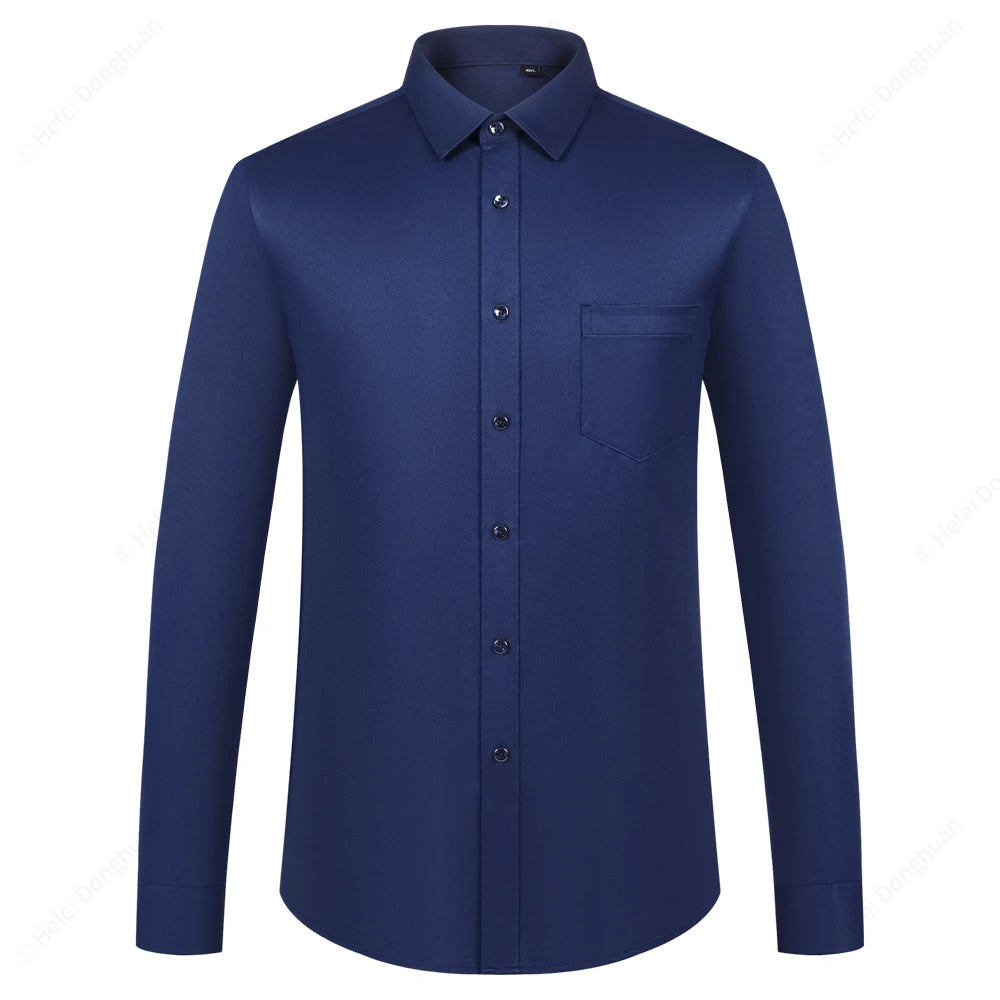 Men‘s Long Sleeve Silk-Like Satin Smooth Formal Shirt, Comfort Slight Stretch Wrinkle-Free Regular Fit Solid Color Dress Shirts