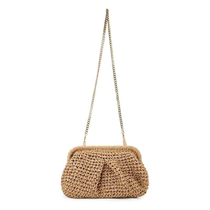 NEW-Straw Purse For Women Cloud Dumpling Pouch Straw Crossbody Shoulder Handbag Summer Beach Woven Bag