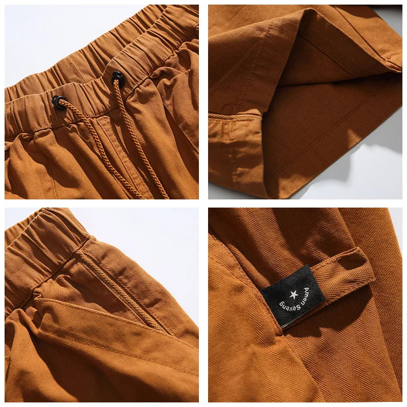 Fashion Leisure Pulling Rope Cargo Shorts Summer Men Elastic Waist Simplicity Comfort New Solid Color Large Pocket Men Shorts