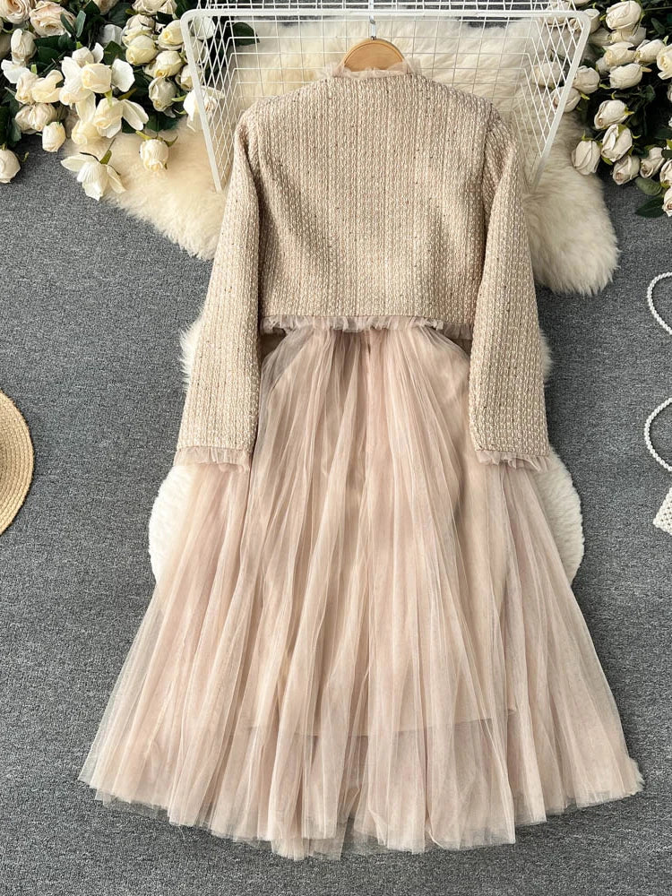 Damen Khaki Zweiteiler Vintage Luxus Kleid mit Langarm Jacke Mäntel Vintage Y2k Kleid Sets Outfits 2000er Kleidung 2024