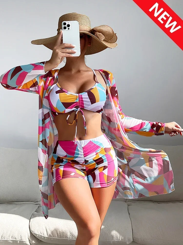 Tropical Allover Print Bikini 3pack Drawstring Ruched Cover Up Women Swimsuit 2023 Long Sleeve Swimwear Beach Wear Bathing Suit