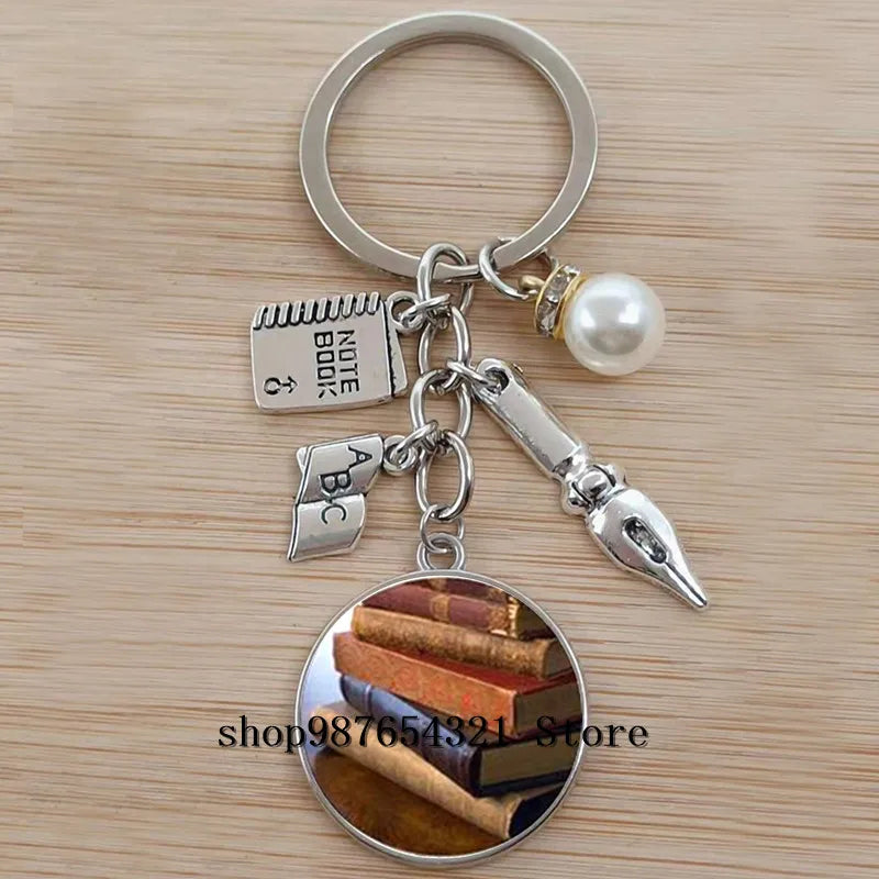 Classic Library Books Keychain Vintage Old Books Key Chain Librarians Key Ring Gift for Nerd Bookworm Writer Teacher