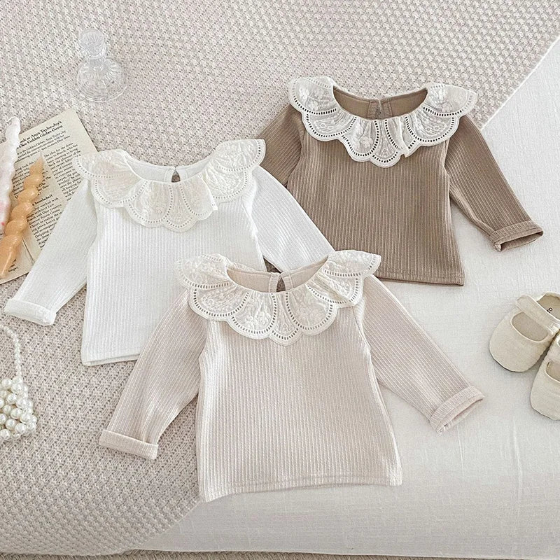 2024 Baby Herbst Kleidung Spitze Kragen Baby Tops Mit Langen Ärmeln Kinder Pullover Infant T Shirt für Mädchen Kleidung Kleinkind Bluse 0-2Y