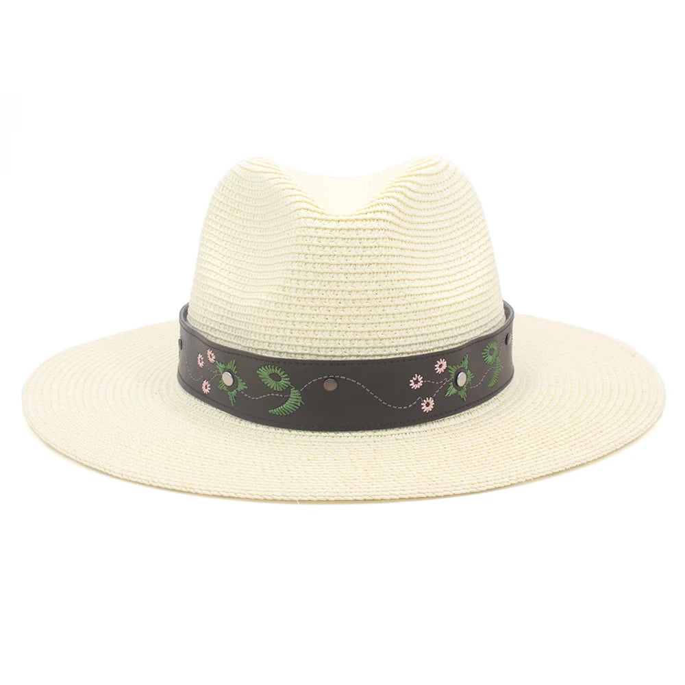 2 Sizes Unisex Men Women Soft Straw Panama Hats Summer Fedora Wide Brim Sunhats Trilby Caps Outdoor Beach Travel Sombrero UK M-L