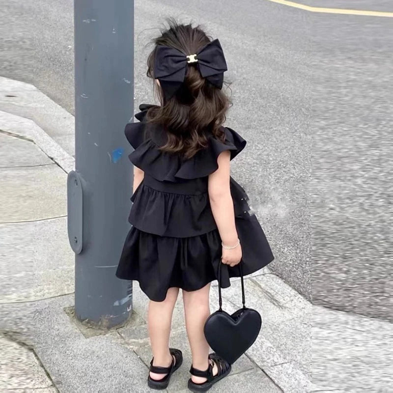 Korean Children's Clothing Girls' Summer Dress Kids Black Fly Sleeved Dress Girls Fashion Kids Outfit Layered Dresses For Girls