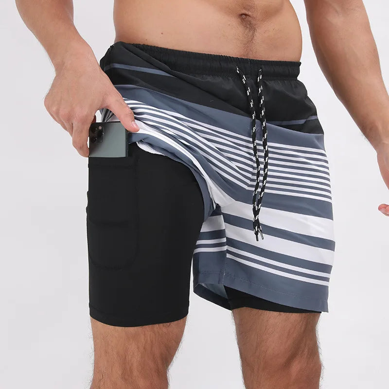 Summer Shorts Men Double Layer Beach Wear Surf Swimming Sportswear Fitness Loose Shorts Casual Trouser New Swimwear