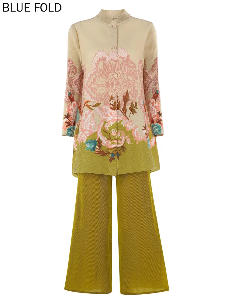 MIYAKE Women's PLEATS Print Casual Suit 2025 Spring New Fashion Stand Collar Midi Top Wide-Leg Pants Two-Piece Set Women Clothes