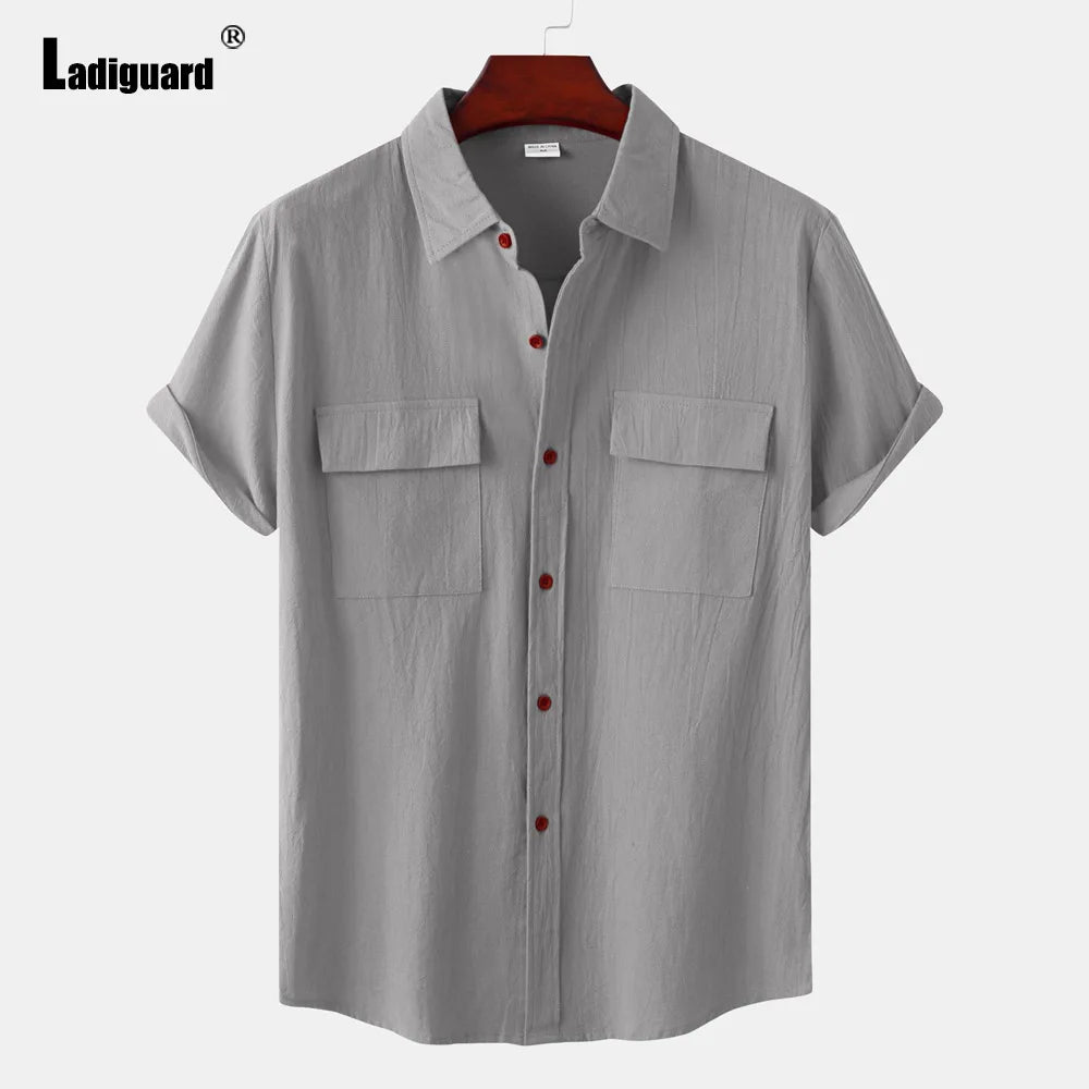 Men Short Sleeve Linen Shirts ,Black Soft Blouse Vintage Casual Stand Pocket Tops mon