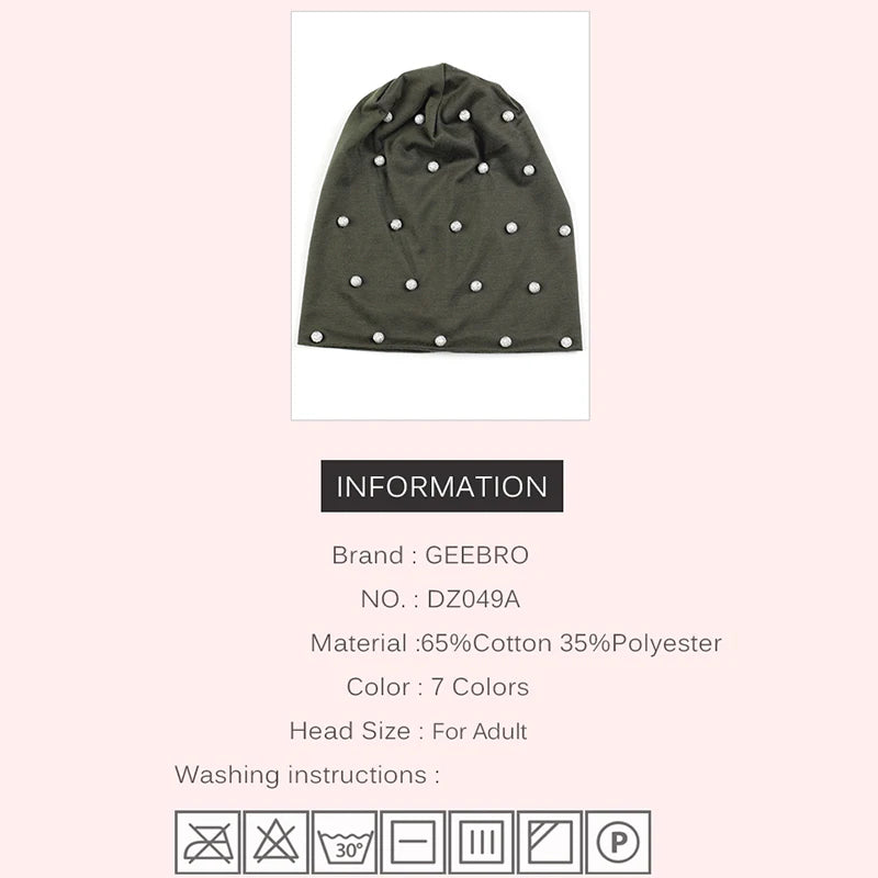 Geebro Women Spring Autumn Warm Soft Beanies Cotton Solid Color Fashion Skullies Hats With Silver Beads Accessories Caps Bonnet