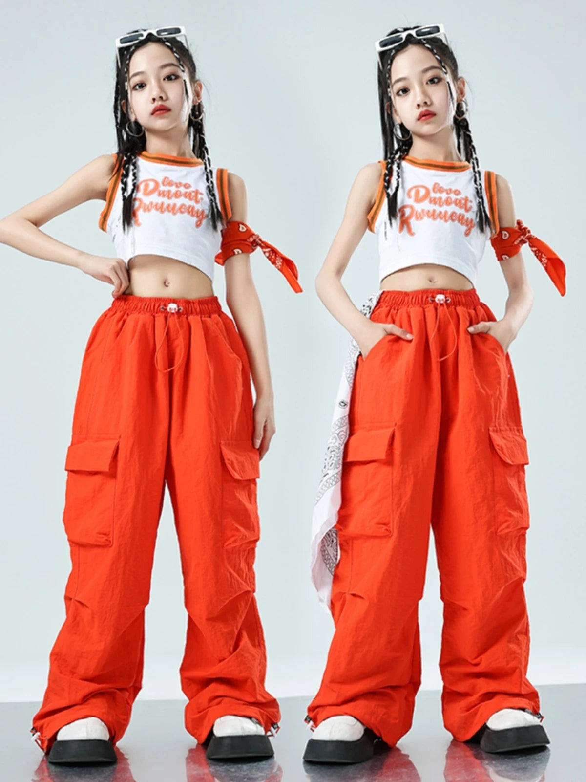 Kinder Jazz Dance Kleidung Mädchen Sommer Nabel Weste Orange Hosen Hip Hop Outfits Moderne Kpop Leistung Kleidung Rave BL12850