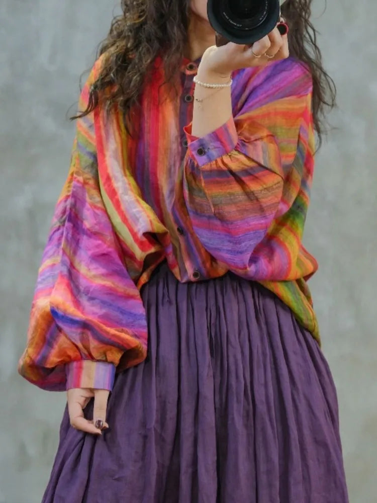 Oversized Summer 2 Two Piece Set Women Striped Print Casual Long Sleeve Ladies Shirt Elastic Waist Modis Ruffle Woman Long Skirt