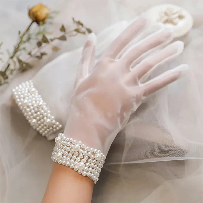 Bride Mesh Thin Short Pearl Imitation Gloves