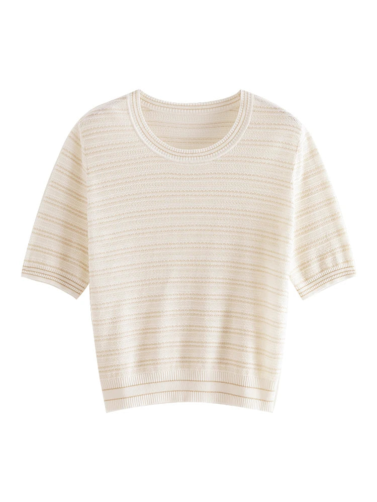 ZIQIAO Petite Hollow Out Round Neck Pink Knit Top For Women's 2024 Summer New Loose Short Sleeved Loose T-shirt 24ZQ92213