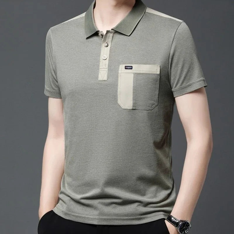 Men's Short Sleeve T-shirt Blouses Summer Thin Casual Poloturn-down Collar Tees Pockets Fashion Patchwork Vintage Tops mon
