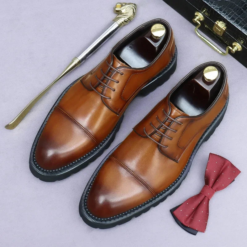 Retro Mens Dress Shoes Luxury Genuine Leather Platform 2025 British Trend Handmade Quality Comfortable Wedding Social Shoes Man