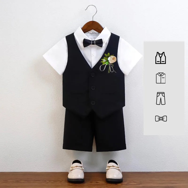 Kids Cool Vest Shirt Shorts Bowtie Ceremony Costume Boys Silm Fit Wedding Dress Chilren's Host Performance Costome