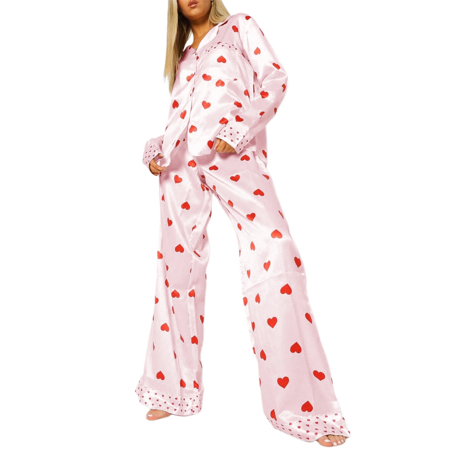 Women s Valentine s Day Lounge Set Long Sleeve Button Up Heart Print Tops Pants Sleepwear