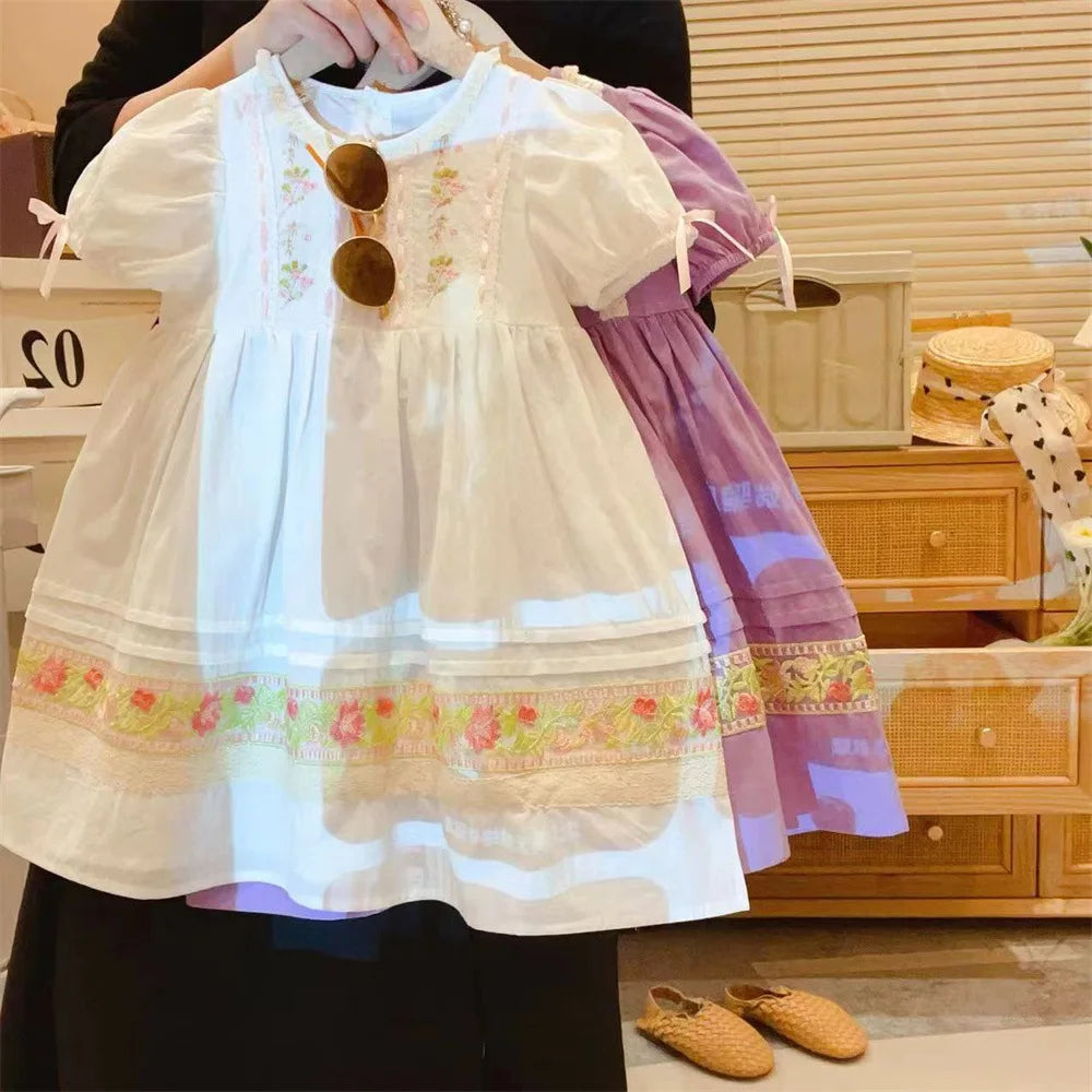 Girls Casual Dresses French Round Collar Pleated