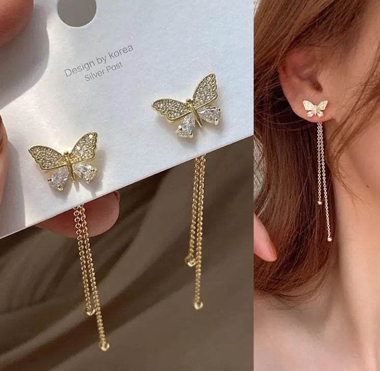 925 Silver Needle Green Crystal Butterfly Drop Earrings For Women Korean Jewelry 2024 Trending Fairy Luxury Women's Earrings New