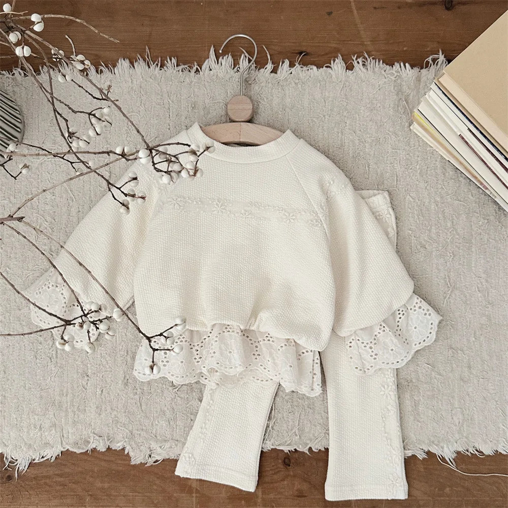 2025 Autumn New Baby Girl Long Sleeve Clothes Set Children Solid Lace Sweatshirt + Pants 2pcs Suit Cotton Toddler Girl Outfits