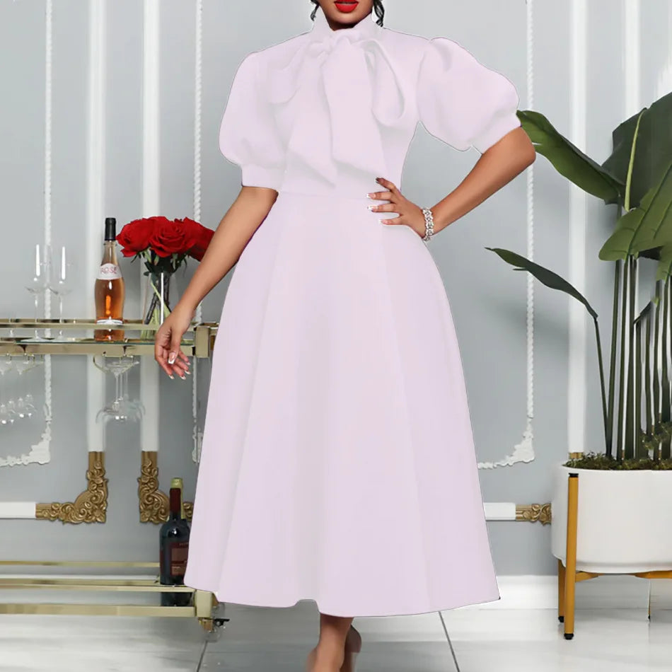 FairyShely 2025 Puff Short Sleeve Plus Size Dress Women Solid Bow Large Big Dresses Summer Lady O-Neck Party Tight Curvy Dress