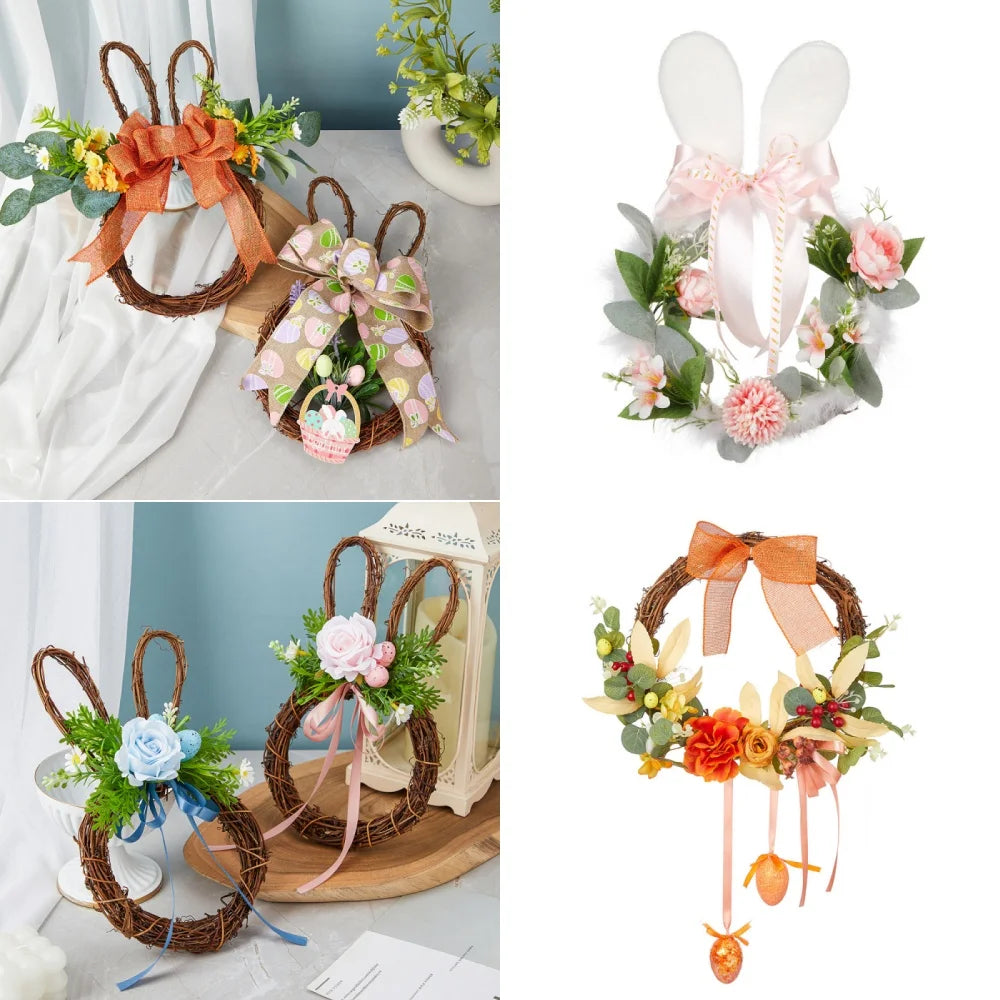 Easter Wreath Cartoon Rabbit Shape Outdoor Home Door Hanging Decoration Hand-Woven Simulated Wreath Ribbon Bow Decoration