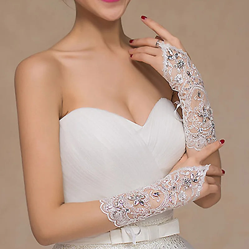 Lace Fingerless Elbow Length Bridal Gloves with Rhinestone for Women Paragraph White Wedding Accessories