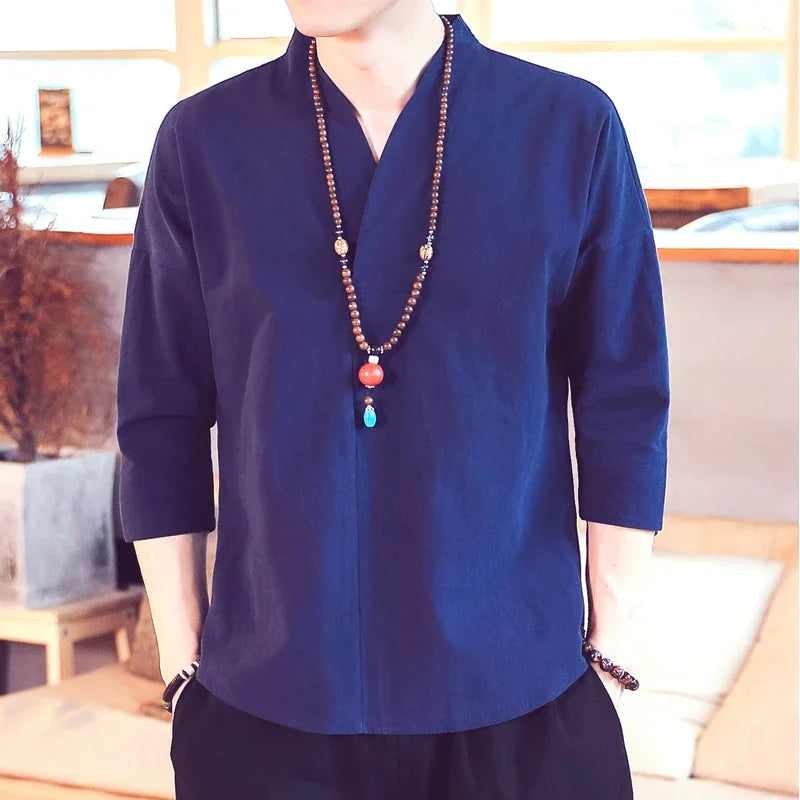 Summer Short Sleeve Men New Half-sleeved Cotton Linen Breathable Men Clothing T-shirt Tops - mon