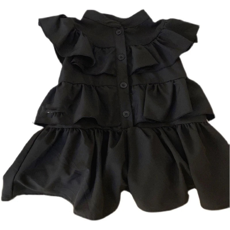 Korean Children's Clothing Girls' Summer Dress Kids Black Fly Sleeved Dress Girls Fashion Kids Outfit Layered Dresses For Girls