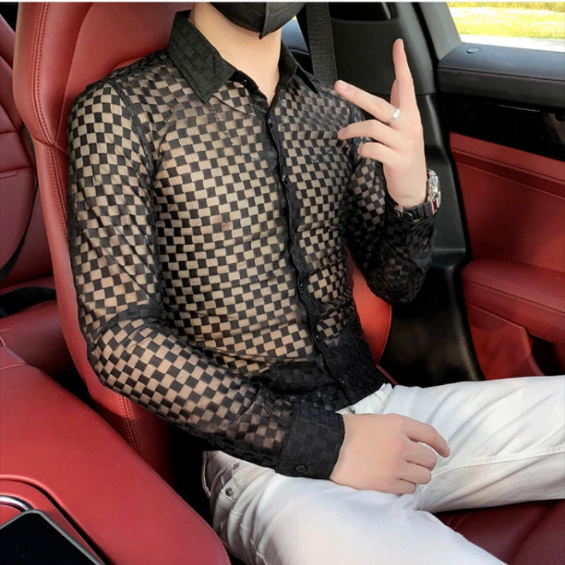Spring Autumn New Fashion Plaid a Peaked Collar Men's Clothing Shirts Long Sleeve Button Hollow Out Slim Korean Chaopai Blouse
