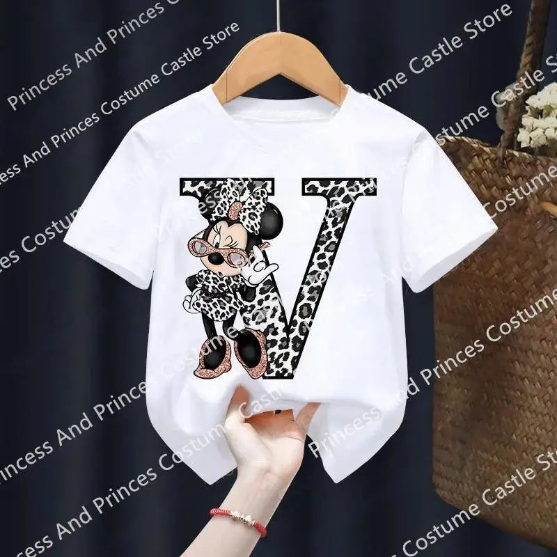 Minnie Letter A B C D Children T-shirt Kawaii Disney Clothes for Girls T Shirt Anime Cartoons Casual Kid Boy Short Sleeve Tops