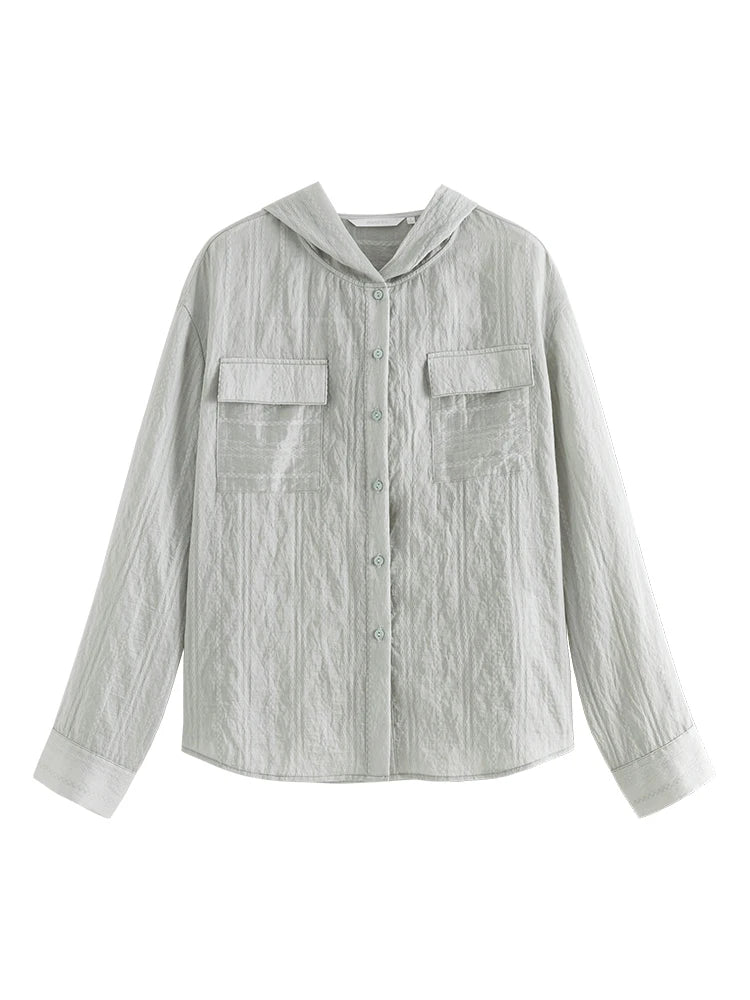 ZIQIAO Petite Hooded Sunscreen Shirt Women's 2024 Summer New Off Shoulder Long sleeved Breathable Casual Top clothes