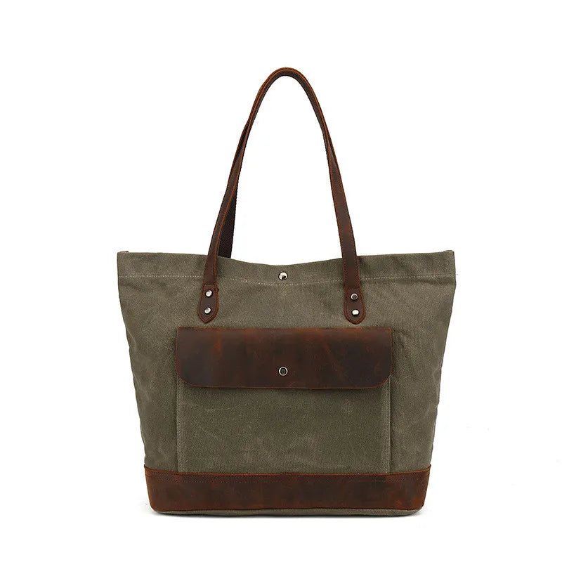 Casual Oil Wax Canvas With Genuine Leather Women's Handbag Waterproof Tote Bag Shoulder Messenger Shopping Bag Storage Bags