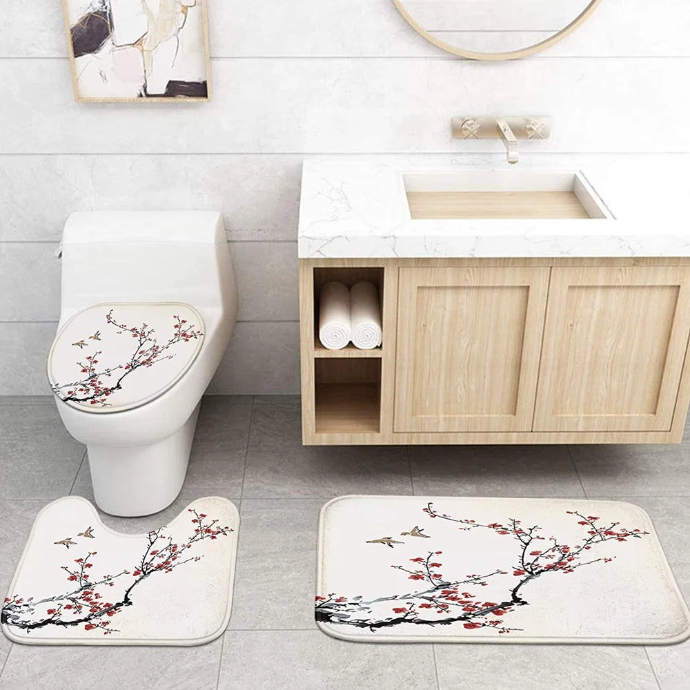 Japanese Cherry Blossom Shower Curtain Set Non-Slip Rug Toilet Lid Cover Bath Mat Spring Sakura Flower Pastoral Bathroom Curtain