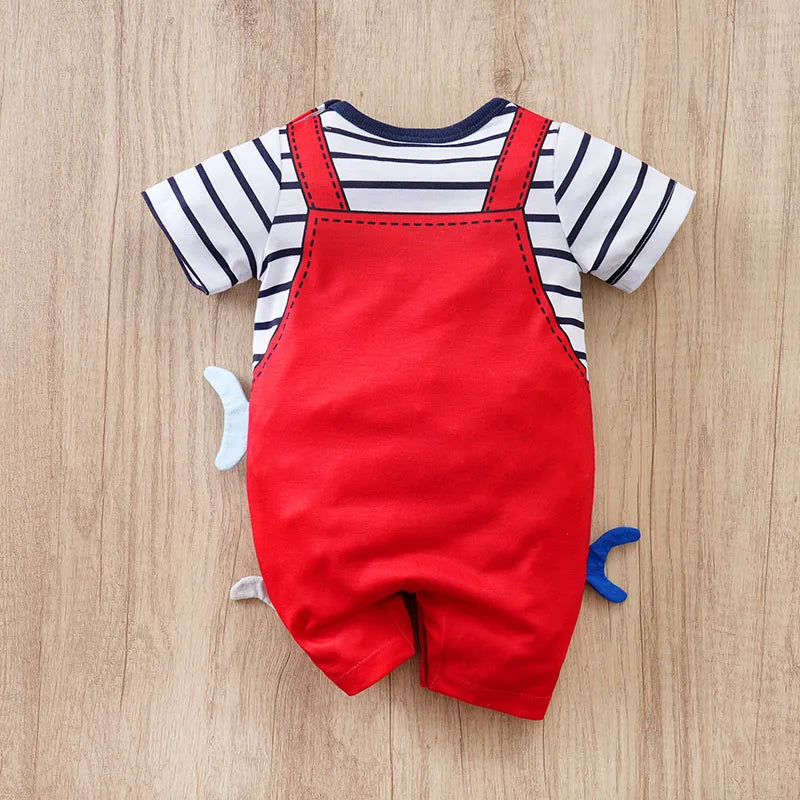 Newborn Clothes Cute Cartoon 3d Shark Print Strap Fake Two Comfortable Summer Boys And Girls 0-18 Short Sleeved Baby Jumpsuit