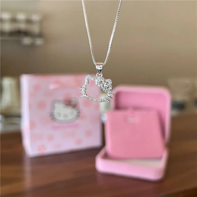 قلادة من الكريستال الوردي من Kawaii Hello Kitty Sanrio من سبائك الفضة سلسلة مجوهرات أنمي سحرية للنساء إكسسوارات عيد الحب هدية للبنات
