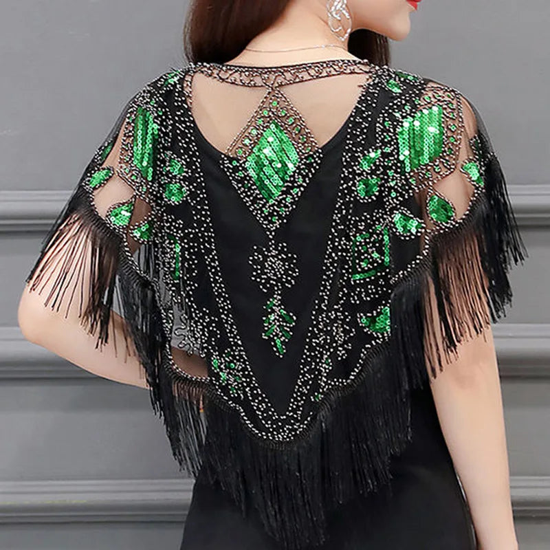 Bling Tassels Blouse Shirt Women Summer Sequin Casual Tops Evening Shawl Wraps Mujer Poncho Shirt Party Club Clothing