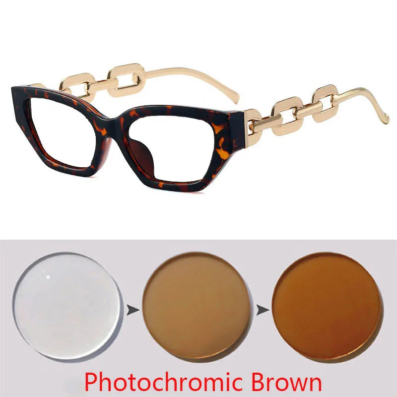Vintage Small Frame Sunglasses with Chain Legs Cat Eyes Stylish Eyewear Prescription Sunglasses Women 0 -0.5 -0.75 -2.0 To -6.0