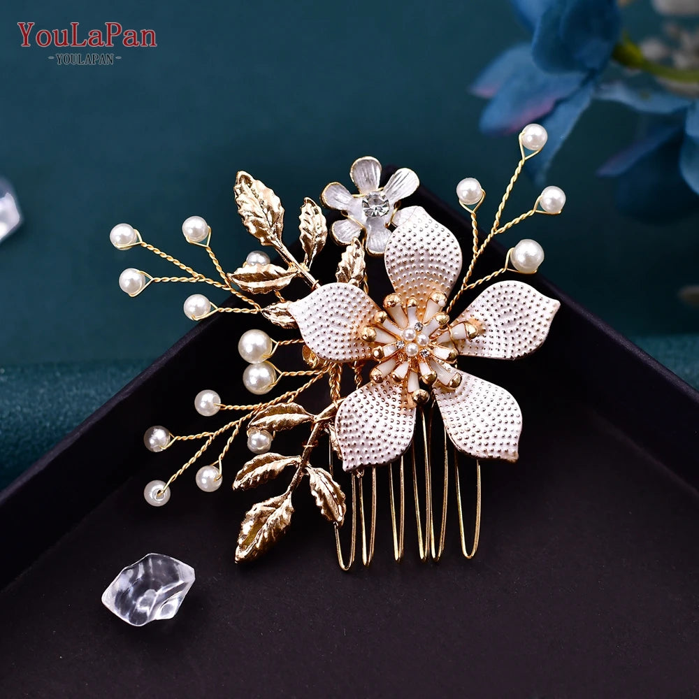 TOPQUEEN Luxury Wedding Hairpins Alloy Flower Wedding Comb Golden Color Bridal Wedding Accessories Pearl Bridal Hair Clips HP359