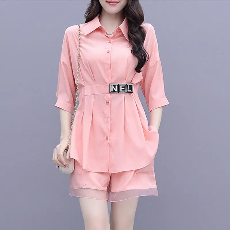 Women Suit 2025 New Summer Crop Top Fashion Korean Casual Two Piece Shorts Sets Medium Length Shirt Wide Leg Pants Party Outfits