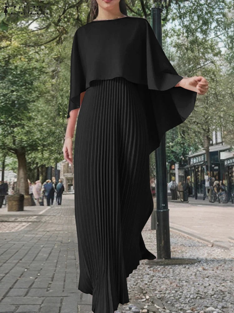 Women Solid Party Work Dress Sets ZANZEA Spring Fashion Poncho Blouse Pleated Sundress 2pcs Outfits Elegant Matching Sets 2025