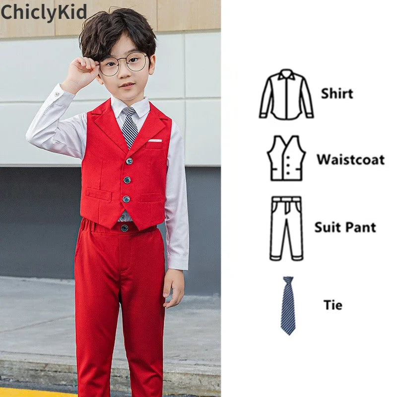 Boy Plaid Vest Blazer Kids Waistcoat Wedding Clothes Set Toddler Formal Dress Suit Child Brooch Shirt Pant Baby Gentlemen Outfit
