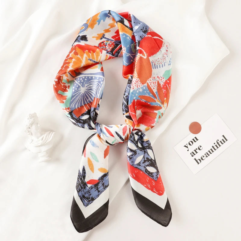 Luxury Brand 2023 Silk Square Scarf Women Cat Neck Hair Tie Band Beach Hijab Kerchief Head Headbands Bandana Female Foulard 70cm