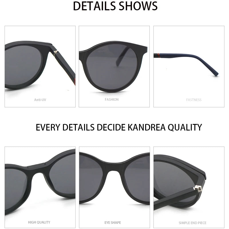 KANDREA 2 IN 1Vintage Round Magnetic Sunglasses Women Fashon Glasses Frame Men Optical Myopia Prescription Eyewear C8012