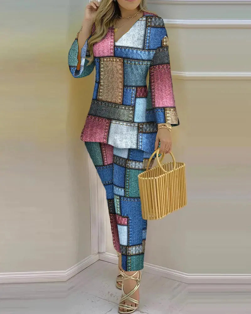 2025 Ladies' Checkered Print Suit Summer Long Sleeve V-neck Polyester Printing Two Pieces Sets Top And Long Pant Clothes Women