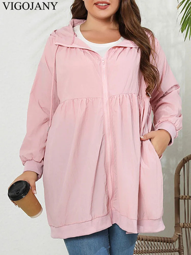 VigoJany 2025 Spring Autumn Solid Plus Size Coat Women Casual Large Long Sleeve Jacket Outwear Lady Chubby Zipper Curvy Clothes