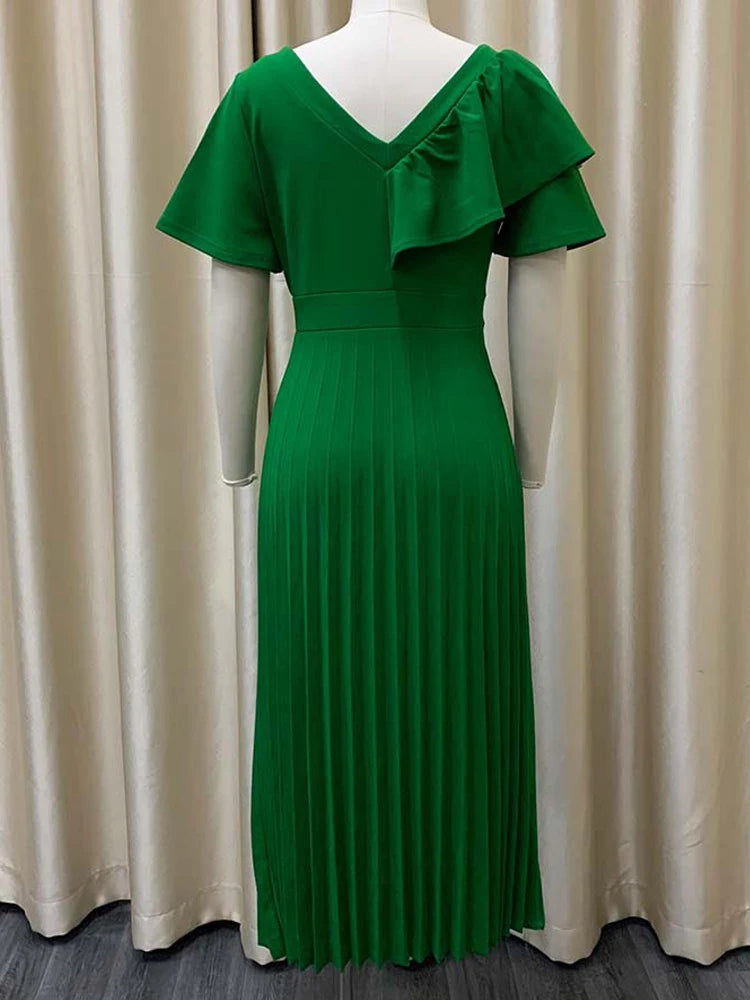 FairyShely 2025 Ruffle Short Sleeve Plus Size Long Dress Women Solid Large Big Folds Dresses Lady Summer Party Tight Curvy Dress
