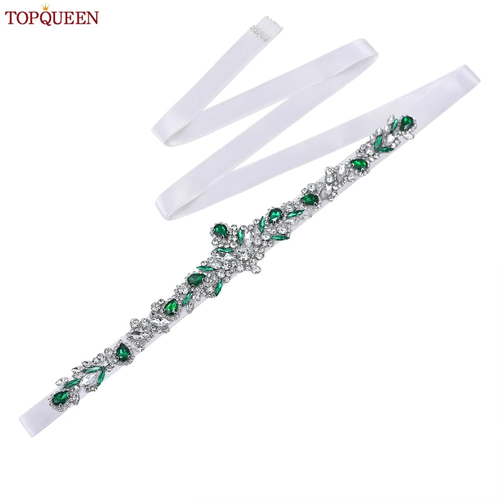 TOPQUEEN S462-KL Rhinestone Bridal Belt Wedding With Green Diamond Wedding Dress Accessories Belt Sash Party Women Dress Belt