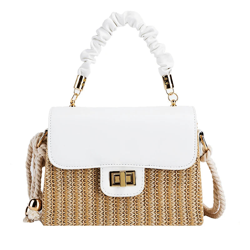 Straw Beach Bag for Women Summer Pleated Handle Luxury Designer Bag Contrast Color Crossbody Purse and Handbag Lady Bolsos